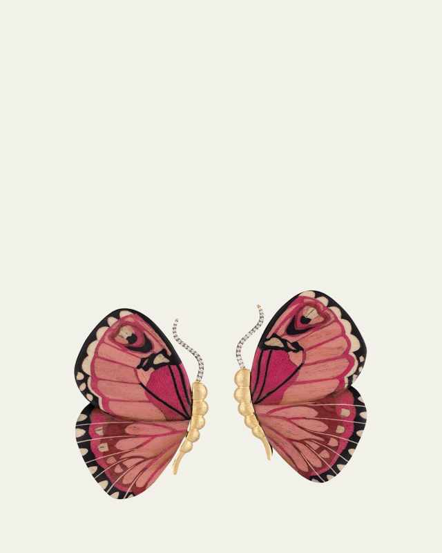 18K Yellow Gold Butterfly Wing Earrings with Pink Pattern and Diamonds